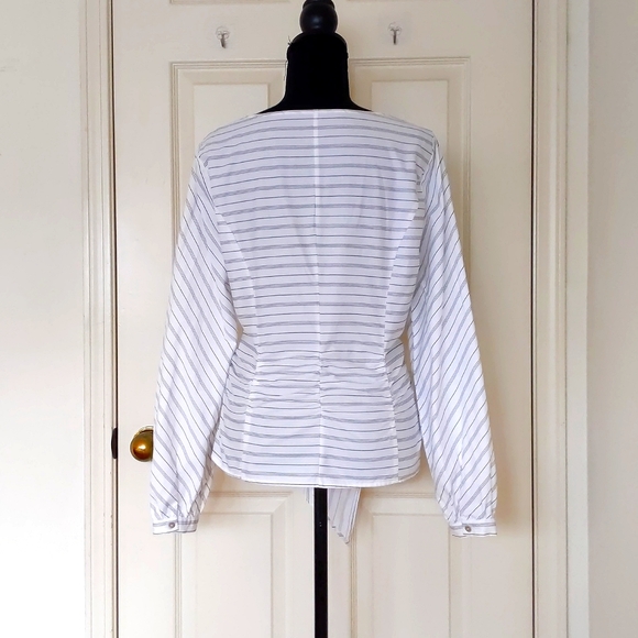 Zara Cotton Spandex Long Sleeve V-Neck Stripe Blouse with front tie and side zip - Picture 2 of 6